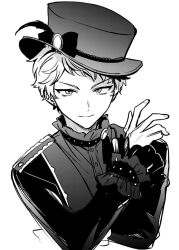 Rule 34 | 1boy, akiyama enma, commentary request, cropped torso, ensemble stars!, greyscale, hand up, hat, itsuki shu, jacket, looking at viewer, male focus, monochrome, shirt, short hair, sketch, smile, solo, top hat