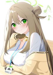 Rule 34 | 1girl, absurdres, blue archive, blush, breasts, cardigan, cleavage, closed mouth, collared shirt, eighth note, green eyes, green halo, halo, highres, id card, lanyard, large breasts, light brown hair, long hair, mizumok1, musical note, nonomi (blue archive), shirt, simple background, sleeves past fingers, sleeves past wrists, smile, solo, upper body, white background, white shirt, yellow cardigan