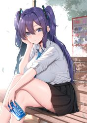 Rule 34 | 1girl, bare legs, bench, black skirt, blue archive, blue eyes, breasts, can, cheek rest, closed mouth, collared shirt, crossed legs, feet out of frame, hair ornament, hand up, head rest, highres, holding, kanikou, large breasts, long hair, looking at viewer, miniskirt, necktie, park bench, pleated skirt, purple hair, school uniform, shirt, short sleeves, sitting, skirt, sleeves rolled up, solo, thighs, two side up, white shirt, yuuka (blue archive)