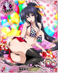 Rule 34 | 10s, 1girl, artist request, balloon, black hair, black thighhighs, breasts, card (medium), character name, cheerleader, chess piece, covered erect nipples, hair ribbon, high school dxd, high school dxd infinity, himejima akeno, large breasts, long hair, midriff, official art, pom pom (cheerleading), ponytail, purple eyes, queen (chess), ribbon, solo, star balloon, thighhighs, trading card, very long hair