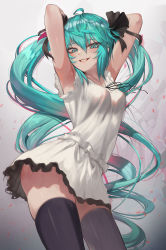 Rule 34 | 1girl, ahoge, armpits, arms behind head, arms up, black ribbon, black thighhighs, blue eyes, blue hair, breasts, commentary request, cowboy shot, dancing, dress, eyes visible through hair, grin, hair between eyes, hair ribbon, hatsune miku, highres, long hair, looking at viewer, me!me!me!, me!me!me! dance (meme), medium breasts, meme, revision, ribbon, sleeveless, sleeveless dress, smile, solo, standing, supreme (module), thighhighs, torriet, twintails, very long hair, vocaloid, white dress, world is mine (vocaloid)