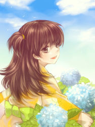 Rule 34 | 1girl, brown eyes, brown hair, child, cloud, day, flower, hydrangea, inuyasha, japanese clothes, kimono, long hair, looking at viewer, looking back, one side up, rin (inuyasha), side ponytail, sky, smile, solo, twinklelinda90625, yellow kimono, yukata