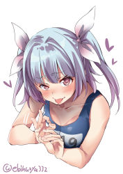 Rule 34 | 1girl, blue hair, blue one-piece swimsuit, blush, breasts, closed mouth, ebifurya, fellatio gesture, flower-shaped pupils, gradient hair, hair ribbon, highres, i-19 (kancolle), kantai collection, long hair, looking at viewer, medium breasts, multicolored hair, one-piece swimsuit, red eyes, ribbon, school swimsuit, solo, star (symbol), swimsuit, symbol-shaped pupils, tongue, twintails, twitter username, white background