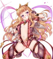 Rule 34 | 1girl, :d, absurdres, arm up, armpit cutout, armpits, belt, belt buckle, black gloves, blonde hair, blunt bangs, blush, breasts, buckle, cagliostro (granblue fantasy), clothing cutout, covered erect nipples, fingerless gloves, from below, gem, gloves, gluteal fold, granblue fantasy, grin, hair between eyes, head tilt, heart, heart-shaped pupils, heart background, highres, long hair, looking at viewer, looking down, navel, niko (tama), open belt, open clothes, open mouth, pink eyes, pubic tattoo, pussy, pussy peek, revealing clothes, short sleeves, showgirl skirt, skindentation, slave, slave tattoo, small breasts, smile, solo, spread legs, squatting, stomach, symbol-shaped pupils, tareme, tattoo, teeth, thigh strap, thighs, v, very long hair, wrist guards