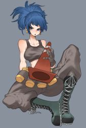 Rule 34 | 1girl, bare shoulders, black gloves, blue eyes, blue hair, boots, combat boots, earrings, gas can, gloves, highres, jewelry, leona heidern, pants, ponytail, sb lama, simple background, sitting, soldier, solo, tank top, the king of fighters, the king of fighters xiii, traffic cone
