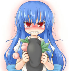 Rule 34 | 1girl, blue hair, blush, dress, female focus, food, frown, fruit, hat, unworn hat, unworn headwear, hinanawi tenshi, holding, holding clothes, holding hat, long hair, nice (artist), peach, red eyes, simple background, solo, tears, touhou, trembling, upper body, white background, white dress