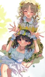 Rule 34 | 2girls, barefoot, black hair, brown hair, closed eyes, commentary request, dress, fangs, flower, flower wreath, fukumaru koito, hair flower, hair ornament, highres, ichikawa hinana, idolmaster, idolmaster shiny colors, jewelry, long hair, looking at viewer, lying on another, multiple girls, necklace, parted bangs, puffy short sleeves, puffy sleeves, purple eyes, sakatsuki yakumo, short sleeves, skin fangs, sunflower, sunflower hair ornament, swept bangs, twintails, white dress, wrist cuffs, yellow dress