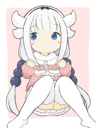 Rule 34 | 1girl, :o, absurdres, blue eyes, blush stickers, capelet, commentary request, dragon horns, dress, hands up, highres, horns, kanna kamui, knees together feet apart, knees up, kobayashi-san chi no maidragon, long hair, long sleeves, no shoes, parted lips, pink background, pink dress, puffy long sleeves, puffy sleeves, rururu (pyrk8855), sleeves past wrists, solo, thighhighs, two-tone background, very long hair, white background, white capelet, white hair, white thighhighs
