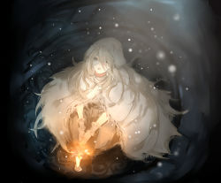 Rule 34 | 1girl, bad id, bad pixiv id, bandage over one eye, bandages, bloodborne, candle, cloak, dress, fire, fire, from above, full body, gloves, highres, hnncho, hood, hooded cloak, long hair, looking up, own hands together, parted lips, sitting, snowing, solo, v arms, vicar amelia, white gloves, white hair