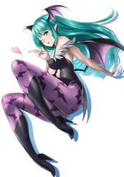 Rule 34 | 1girl, animal print, bad id, bad pixiv id, bare shoulders, bat print, bat wings, boots, breasts, bridal gauntlets, capcom, covered erect nipples, demon girl, elbow gloves, fingernails, full body, gloves, green eyes, green hair, head wings, heart, high heel boots, high heels, large breasts, leotard, long hair, matching hair/eyes, morrigan aensland, nail polish, one eye closed, open mouth, pantyhose, pointy ears, print pantyhose, shoes, solo, unowen, vampire (game), white background, wings, wink