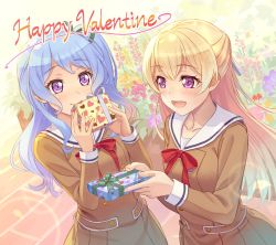 Rule 34 | 2girls, :d, artist request, bang dream!, blonde hair, blue hair, blush, box, brown dress, buttons, commentary request, double-breasted, dress, flower, gift, gift box, green ribbon, hair ribbon, half updo, hanasakigawa school uniform, happy valentine, heart, heart print, holding, holding gift, light blue hair, long hair, long sleeves, matsubara kanon, multiple girls, neck ribbon, official art, one side up, open mouth, outdoors, purple eyes, red neckwear, ribbon, round teeth, sailor dress, school uniform, shirasagi chisato, smile, teeth, upper teeth only, white ribbon