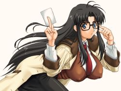 Rule 34 | 00s, 1girl, black hair, blue eyes, breasts, card, covered erect nipples, gegera, glasses, holding, holding card, large breasts, long hair, messy hair, necktie, non-web source, read or die, red necktie, solo, yomiko readman