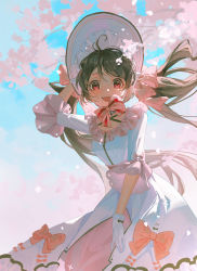 Rule 34 | 1girl, :d, absurdres, ambience synesthesia, antenna hair, arknights, bonnet, bow, bowtie, breasts, brown hair, cherry blossoms, day, dress, eyjafjalla (arknights), gejiandenghuo, gloves, hand on headwear, hand up, highres, long hair, looking at viewer, official alternate costume, open mouth, outdoors, pink bow, pink bowtie, red eyes, small breasts, smile, solo, teeth, twintails, upper teeth only, very long hair, white dress, white gloves, white headwear
