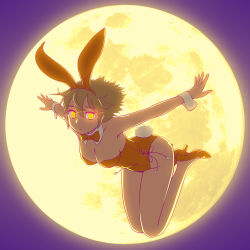 Rule 34 | 1girl, animal ears, backlighting, bow, bowtie, breasts, brown hair, cleavage, detached collar, expressionless, fake animal ears, fukusuke hachi-gou, full body, full moon, glowing, glowing eyes, high heels, highres, large breasts, legs folded, legs together, moon, original, outstretched arms, playboy bunny, rabbit ears, rabbit tail, short hair, solo, spread arms, tail, wrist cuffs, yellow eyes
