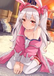 Rule 34 | 1girl, :o, animal, animal ears, azur lane, balcony, blurry, blush, box, breasts, rabbit ears, carpet, cat, cleavage, coat, commentary request, depth of field, evening, frills, hairband, highres, indoors, laffey (azur lane), long hair, long sleeves, looking at viewer, off shoulder, on floor, open clothes, open coat, orange sky, own hands together, parted lips, pink coat, pink footwear, pleated skirt, red eyes, red hairband, red skirt, silver hair, single bare shoulder, skirt, sky, slippers, small breasts, solo, strap slip, thighhighs, tsukiman, v arms, zettai ryouiki