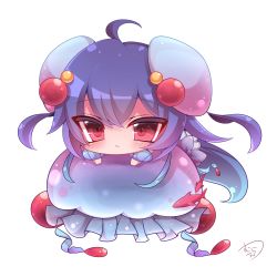 Rule 34 | 1girl, absurdres, ahoge, blue hair, blush, bow, chibi, closed mouth, commentary request, fish, hair between eyes, hair ornament, highres, jellyfish, long hair, looking at viewer, lying, muuran, noa (shironeko project), on stomach, purple bow, red eyes, shironeko project, signature, simple background, solo, transparent, tsurime, very long hair, white background