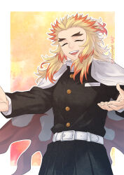 Rule 34 | 1boy, blonde hair, cape, closed eyes, demon slayer uniform, forked eyebrows, highres, japanese clothes, kimetsu no yaiba, long hair, long sleeves, male focus, multicolored hair, open mouth, red hair, remsor076, rengoku kyoujurou, smile, solo, teeth, two-tone hair, upper teeth only
