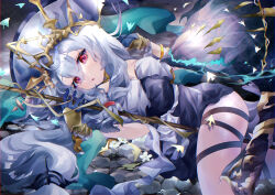 Rule 34 | 1girl, absurdres, angelfish, arknights, arm guards, bare shoulders, black dress, blue gloves, breasts, cleavage, creature, dress, fish, front ponytail, gloves, grey hair, grey hat, hat, highres, holding, holding staff, layered dress, long hair, looking at viewer, low-tied long hair, lying, medium breasts, off-shoulder dress, off shoulder, official alternate costume, on side, parted lips, red eyes, skadi (arknights), skadi the corrupting heart (arknights), skadi the corrupting heart (sublimation) (arknights), solo, staff, takumi mizuki, thigh strap, very long hair, white dress