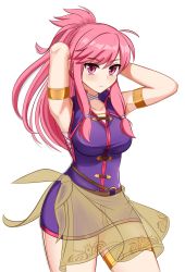 Rule 34 | 1girl, ahoge, armband, armpits, arms behind head, blush, breasts, choker, closed mouth, collarbone, commentary request, cowboy shot, dress, fire emblem, fire emblem: the sacred stones, hair ornament, highres, kirby lord, large breasts, long hair, looking at viewer, marisa (fire emblem), mixed-language commentary, nintendo, o-ring, pink eyes, pink hair, ponytail, popped collar, purple dress, sarong, shadow, short dress, sidelocks, simple background, solo, thigh strap, thighs, very long hair, white background, white choker