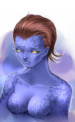 Rule 34 | 1girl, blue skin, breasts, colored skin, crying, eyelashes, glowing, glowing eyes, marvel, medium breasts, mystique, no nipples, non-web source, nude, orange hair, solo, tears, upper body, x-men, yellow eyes, zoner