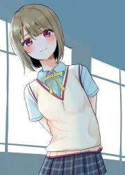 Rule 34 | 1girl, absurdres, arms behind back, blue shirt, blue skirt, blush, bob cut, brown hair, closed mouth, collared shirt, commentary request, highres, leaning to the side, looking at viewer, love live!, love live! nijigasaki high school idol club, nakasu kasumi, neck ribbon, nijigasaki academy school uniform, plaid, plaid skirt, purple eyes, ribbon, school uniform, shirt, short hair, short sleeves, skirt, solo, summer uniform, swept bangs, tatsumi432, upper body, vest, yellow ribbon, yellow vest