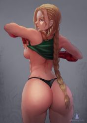 Rule 34 | 1girl, ass, blonde hair, blue eyes, braid, breasts, cammy white, clothes lift, highres, huge ass, impaling poetry, large breasts, long hair, looking at viewer, no pants, shirt lift, sideboob, street fighter, thick thighs, thighs, thong, undressing