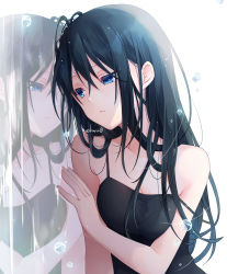 Rule 34 | 1girl, bare arms, bare shoulders, black dress, black hair, blue eyes, breasts, cleavage, closed mouth, commentary request, dress, eyebrows hidden by hair, hair between eyes, highres, kuroi (liar-player), long hair, looking away, looking to the side, medium breasts, original, reflection, sleeveless, sleeveless dress, solo, strap slip, twitter username, upper body, very long hair, water drop, white background