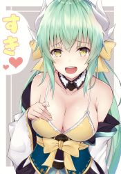 Rule 34 | 1girl, bad id, bad pixiv id, bare shoulders, bikini, bikini top only, bra, breasts, cleavage, collarbone, commentary request, fate/grand order, fate (series), green hair, grey background, highres, horns, kiyohime (fate), kiyohime (swimsuit lancer) (first ascension) (fate), long hair, looking at viewer, medium breasts, open mouth, solo, swimsuit, underwear, yellow bikini, yellow bra, yellow eyes, yuzuzukushi