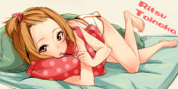 Rule 34 | 1girl, bare legs, barefoot, brown eyes, brown hair, character name, food, forehead, futon, high ponytail, k-on!, looking at viewer, lying, hugging object, on side, open mouth, pillow, pillow hug, pocky, polka dot, sasetsu, short hair, solo, tainaka ritsu
