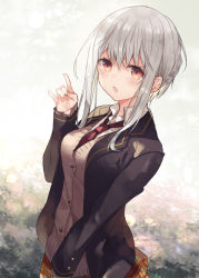 Rule 34 | 1girl, black jacket, blazer, blush, braid, breasts, brown cardigan, brown skirt, cardigan, collared shirt, commentary request, grey hair, hair between eyes, hand up, jacket, kazutake hazano, long hair, long sleeves, looking at viewer, medium breasts, necktie, open clothes, open jacket, open mouth, original, plaid, plaid skirt, red eyes, red necktie, shirt, sidelocks, skirt, sleeves past wrists, solo, white shirt