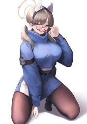Rule 34 | 1girl, absurdres, animal ears, belt pouch, blue archive, blue skirt, blue sweater, boots, breasts, candy, cropped sweater, fake animal ears, food, glasses, grey-framed eyewear, hair ornament, highres, holding, holding candy, holding food, holding lollipop, kneeling, large breasts, light brown hair, lollipop, long hair, looking at viewer, mari0ball, moe (blue archive), pantyhose, pom pom (clothes), pom pom hair ornament, pouch, rabbit ears, round eyewear, skirt, solo, sweater, turtleneck, turtleneck sweater, twintails, two-tone skirt, white skirt, yellow eyes