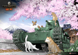 Rule 34 | animal, artist request, bird, brick wall, cat, cherry blossoms, chi-ni, cloud, day, dog, highres, military, military vehicle, motor vehicle, mount fuji, no humans, official art, sky, sparrow, tank, tree, vehicle focus, wargaming japan, world of tanks