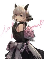 Rule 34 | 1girl, animal ears, arm behind back, az (azkin g), black dress, black gloves, bouquet, bow, breasts, closed mouth, curren chan (sakutsuki ma cherie) (umamusume), curren chan (umamusume), dress, dress bow, ear covers, elbow gloves, flower, from side, gloves, grey hair, hand up, highres, holding, holding bouquet, horse ears, horse girl, horse tail, index finger raised, pink bow, pink eyes, pink flower, pink rose, rose, short hair, sideboob, sleeveless, sleeveless dress, small breasts, smile, solo, tail, umamusume, white background