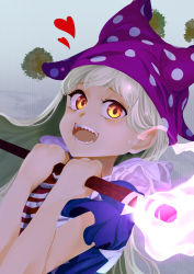 Rule 34 | 1girl, american flag dress, clownpiece, fire, gradient eyes, hat, hi you (flying bear), highres, jester cap, looking at viewer, multicolored eyes, neck ruff, open mouth, orange eyes, polka dot, sharp teeth, shirt, short sleeves, silver hair, solo, start, striped, teeth, torch, touhou, upper body, yellow eyes