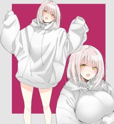 Rule 34 | 1girl, blush, bottomless, breasts, fangs, green eyes, highres, hood, hood down, hoodie, jacket, large breasts, long sleeves, nekoume, open mouth, original, oversized clothes, pink hair, short hair, simple background, sleeves past wrists, two-tone background