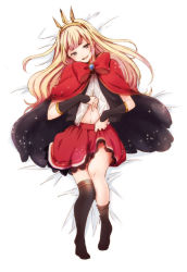 Rule 34 | 10s, 1girl, bed sheet, blonde hair, blush, bow, cagliostro (granblue fantasy), cape, clothes lift, dakimakura (medium), full body, gb hm, granblue fantasy, hairband, long hair, looking at viewer, lying, navel, on back, open clothes, open mouth, open shirt, purple eyes, red bow, red skirt, shirt, simple background, skirt, skirt lift, smile, solo, white background