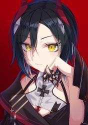 Rule 34 | 1girl, azur lane, bare shoulders, black coat, black hair, claw ring, coat, crop top, cross, hair between eyes, hand on own cheek, hand on own face, highres, horns, iron cross, looking at viewer, mechanical horns, multicolored hair, rakuhinata, red background, red horns, short hair, solo, streaked hair, two-tone hair, ulrich von hutten (azur lane), upper body, white hair, yellow eyes