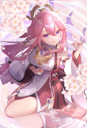 Rule 34 | 1girl, animal ears, bare shoulders, belt, black belt, blurry, blurry foreground, breasts, cherry blossoms, closed mouth, commentary, day, detached sleeves, dutch angle, earrings, fingernails, floating hair, floppy ears, floral print, flower knot, fox ears, fox shadow puppet, genshin impact, hair between eyes, hair ornament, hand up, headpiece, highres, japanese clothes, jewelry, large breasts, long fingernails, long hair, long sleeves, looking at viewer, low-tied long hair, miko, nail polish, natsuki yoru, obi, outdoors, pink hair, pink nails, pond, priestess, purple eyes, red belt, reflection, ripples, sash, shiny skin, sideboob, sitting, smile, solo, very long hair, water, wide sleeves, wind, yae miko, yokozuwari