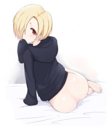 Rule 34 | 10s, 1girl, anus, ass, barefoot, bed, blonde hair, blush, bottomless, covering own mouth, earrings, feet, female focus, from behind, gradient background, hair over one eye, hood, hoodie, idolmaster, idolmaster cinderella girls, jewelry, looking at viewer, looking back, mitsu-kazu, mitsukazu (nijigen complex), naked hoodie, open mouth, pussy, pussy juice, red eyes, shirasaka koume, short hair, sitting, sleeves past wrists, solo