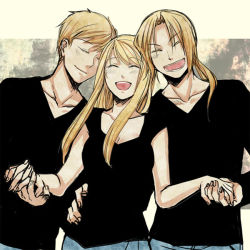 Rule 34 | 00s, 1girl, 2boys, ^ ^, alphonse elric, blonde hair, brothers, closed eyes, edward elric, fullmetal alchemist, fuyufuchi, happy, heads together, holding hands, interlocked fingers, multiple boys, siblings, side-by-side, smile, v-neck, winry rockbell