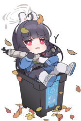 Rule 34 | 1girl, ahoge, arrow (symbol), binoculars, black gloves, blue archive, blue shirt, blue skirt, bolt action, chibi, commentary request, gloves, green neckerchief, gun, halo, headgear, highres, in container, knee pads, leaf, leaf on head, long sleeves, looking at viewer, miyu (blue archive), mosin-nagant, neckerchief, nyaru (nyaru 4126), hugging object, pantyhose, parted lips, pleated skirt, puffy long sleeves, puffy sleeves, recycling symbol, red eyes, rifle, shirt, shoe soles, shoes, simple background, single knee pad, skirt, sleeves past wrists, solo, tears, trash can, wavy mouth, weapon, white background, white footwear, white pantyhose