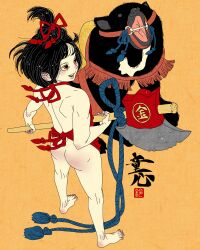 Rule 34 | 1boy, absurdres, ass, axe, bare back, bare shoulders, bear, black bear, black hair, bottomless, bow, brown eyes, chinese clothes, dudou, fine art parody, full body, hair bow, hair tied up, highres, holding, holding axe, inkan, japanese mythology, japanese text, kintarou, nihonga, parody, parted lips, red hair bow, sei5osuzuki, smile, yellow background