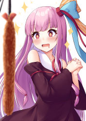 Rule 34 | 1girl, blunt bangs, blush, brown dress, commentary request, dress, drooling, food, hair ribbon, highres, interlocked fingers, kotonoha akane, long hair, long sleeves, mouth drool, open mouth, pink hair, red eyes, red ribbon, ribbon, shrimp, shrimp tempura, simple background, solo, sparkle, sparkling eyes, standing, tempura, tenneko yuuri, upper body, very long hair, voiceroid, white background