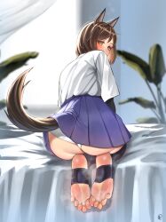 Rule 34 | 1girl, absurdres, animal ears, ass, bed sheet, black thighhighs, black undershirt, blue sky, blurry, blurry background, brown hair, brown tail, commentary, commission, english commentary, eyelashes, feet, foot focus, from behind, full body, greek toe, high-waist skirt, highres, kuroda kunika, leaning forward, looking at viewer, looking back, medium hair, miniskirt, nikishiko, no shoes, noble witches, on bed, panties, pixiv commission, short sleeves, signature, skirt, sky, smell, soles, solo, steaming body, stirrup legwear, thighhighs, toeless legwear, toenails, toes, undershirt, underwear, wedgie, white panties, world witches series, yellow eyes