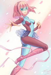 Rule 34 | 1girl, blue skirt, blunt bangs, blush, bodysuit, breasts, brown eyes, closed mouth, covered navel, cyber tutu, duel monster, earrings, foreshortening, from side, hand up, headphones, jewelry, knee up, leg ribbon, looking at viewer, medium breasts, outstretched arm, petals, pink hair, pink ribbon, ribbon, showgirl skirt, skirt, smile, solo, tenjou tsuki, thighs, visor, yu-gi-oh!, yu-gi-oh! gx