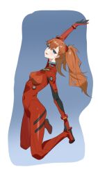 Rule 34 | 1girl, arm up, artist request, ass, blue eyes, bodysuit, breasts, brown hair, curvy, full body, hair between eyes, hair ornament, interface headset, long hair, looking at viewer, neon genesis evangelion, pilot suit, plugsuit, red bodysuit, shiny clothes, simple background, skin tight, smile, solo, souryuu asuka langley, stretching, twintails, two side up, very long hair, wide hips