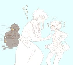 Rule 34 | 1girl, 3boys, blush, breasts, dress, earrings, eyepatch, glasses, hair ornament, jay (tales), jewelry, kunai, monochrome, moses sandor, multiple boys, norma beatty, open mouth, pants, side ponytail, sven (tales), tales of (series), tales of legendia, thighhighs, topless, weapon