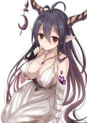 Rule 34 | 10s, 1girl, antenna hair, bad id, bad pixiv id, bandages, black gloves, black hair, blood, blood on clothes, breasts, danua, draph, dress, fingerless gloves, gloves, granblue fantasy, harimoji, highres, horns, large breasts, long hair, looking at viewer, pointy ears, red eyes, simple background, solo, thumb sucking, white background, white dress