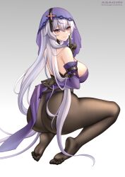 Rule 34 | 1girl, absurdres, asagiri ai, ass, bare back, bare shoulders, black gloves, black pantyhose, black swan (honkai: star rail), breasts, commentary request, elbow gloves, gloves, gradient background, grey background, grey eyes, grey hair, hand up, highres, honkai: star rail, honkai (series), huge ass, index finger raised, large breasts, long hair, looking at viewer, no shoes, pantyhose, solo, thighs, veil, very long hair