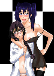 Rule 34 | 00s, 2girls, black hair, black legwear, blue eyes, blush, braid, breasts, d.gray-man, glasses, hand on own hip, large breasts, lenalee lee, lingerie, long hair, looking at viewer, lou fa, matching hair/eyes, medium breasts, mino, multiple girls, nipple slip, nipples, no bra, open clothes, open shirt, panties, purple eyes, purple hair, rohfa, round eyewear, shirt, small breasts, smile, strap slip, thighhighs, twintails, underwear